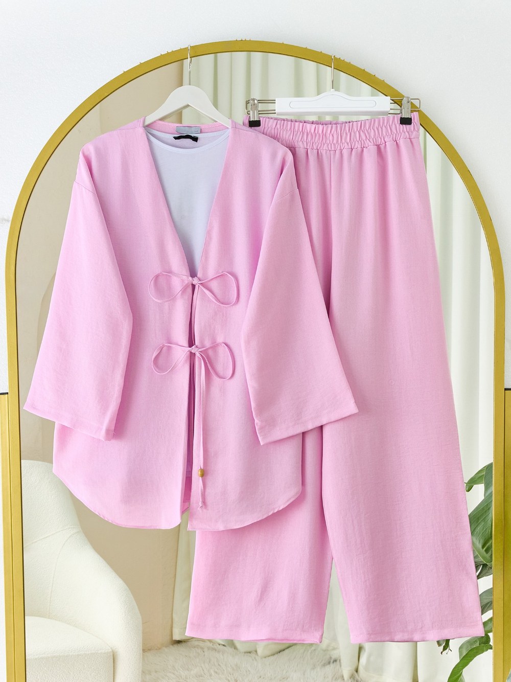 Önü Çift Bağlamalı Pantolonlu Kimono Takım -Pembe