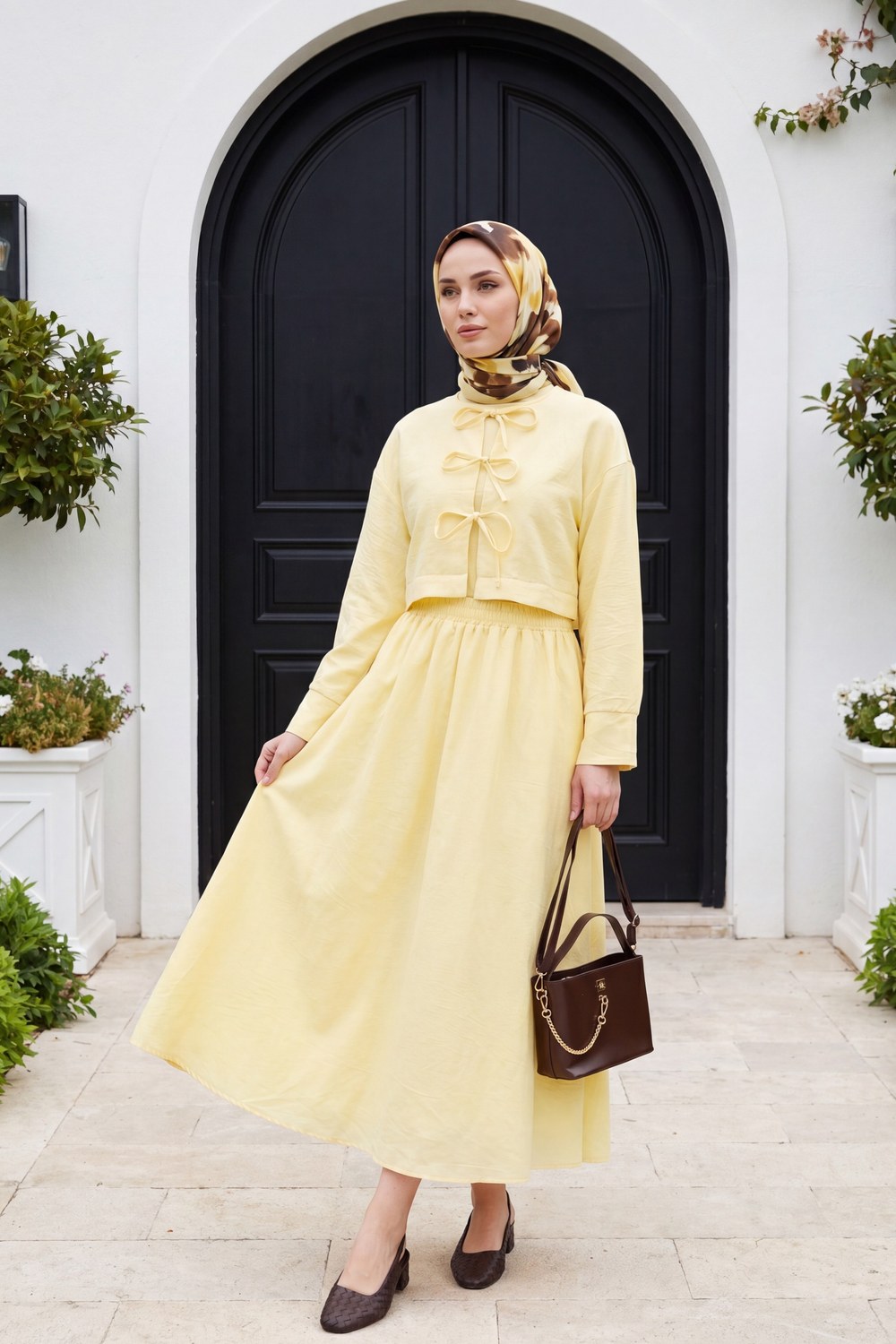 Önü Bağcıklı Beli Lastikli Etekli Keten Görünümlü Takım -Sarı