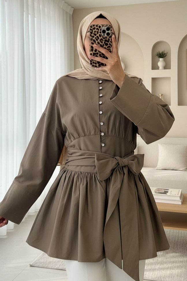 Beli Bağcıklı Boydan Taş Düğmeli Tunik -Açık Kahve