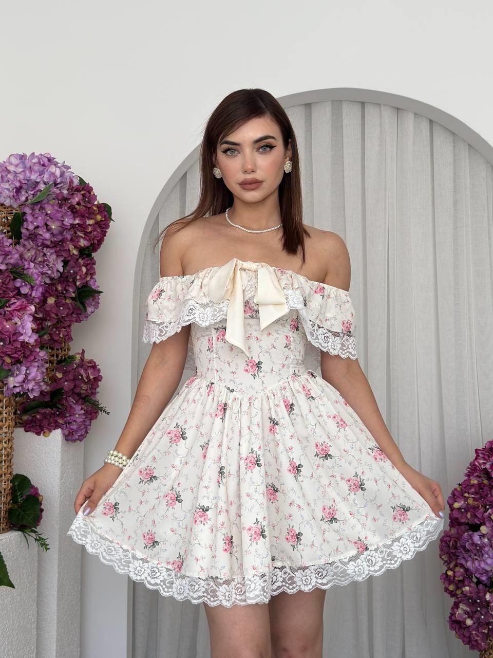 Huma Fiyonk Detaylı Elbise ETK-00693-cicek-desen
