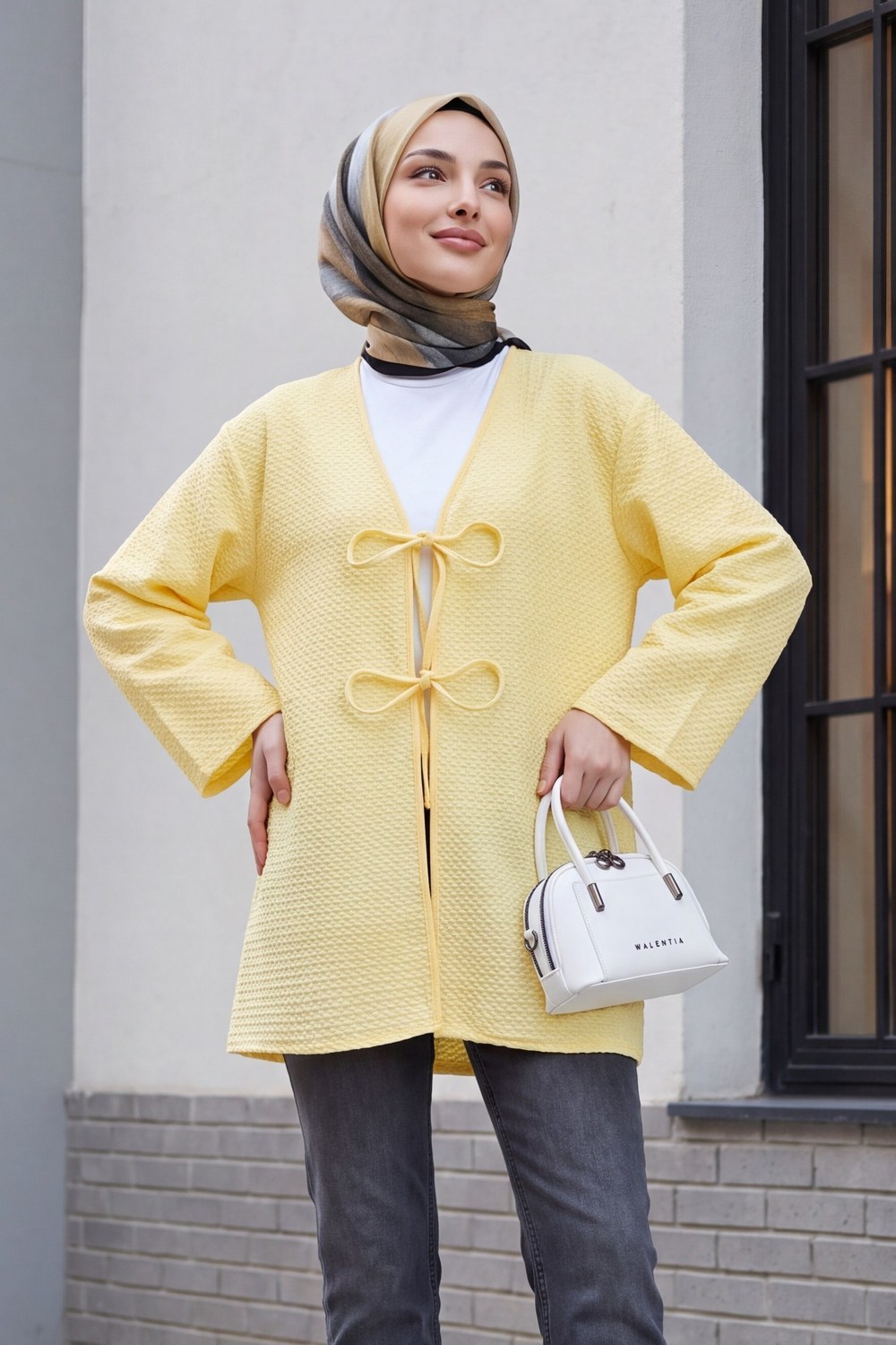 Önü Çift Bağcıklı Petek Desen Kimono -Açık Sarı