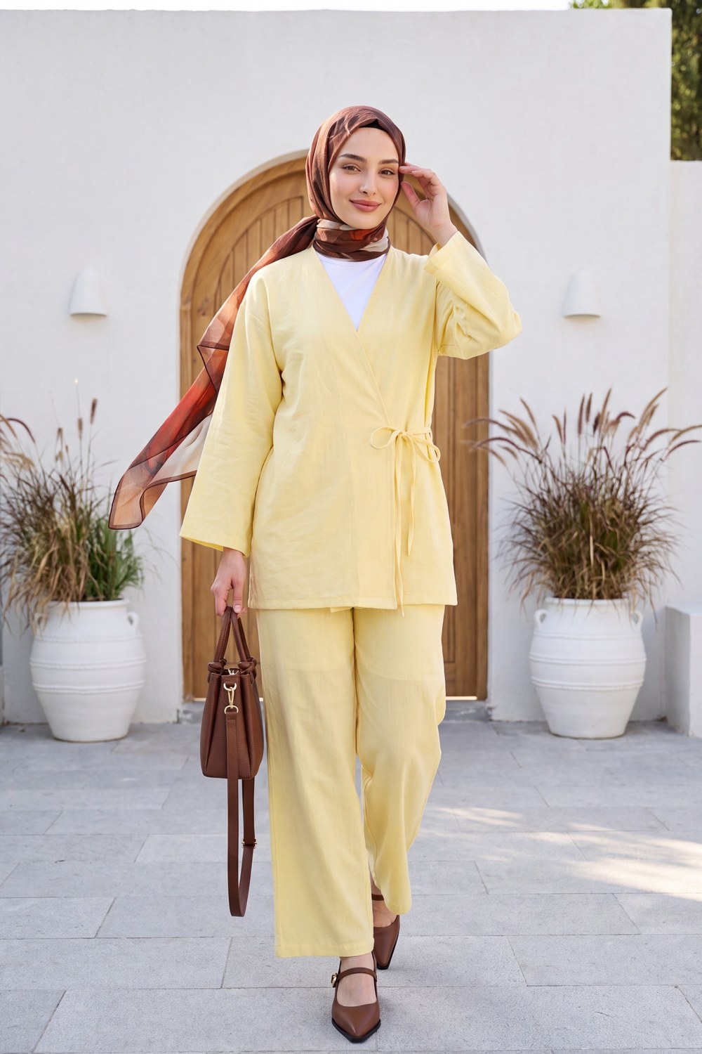 Önden Bağlamalı Pantolonlu Kimono Takım -Açık Sarı