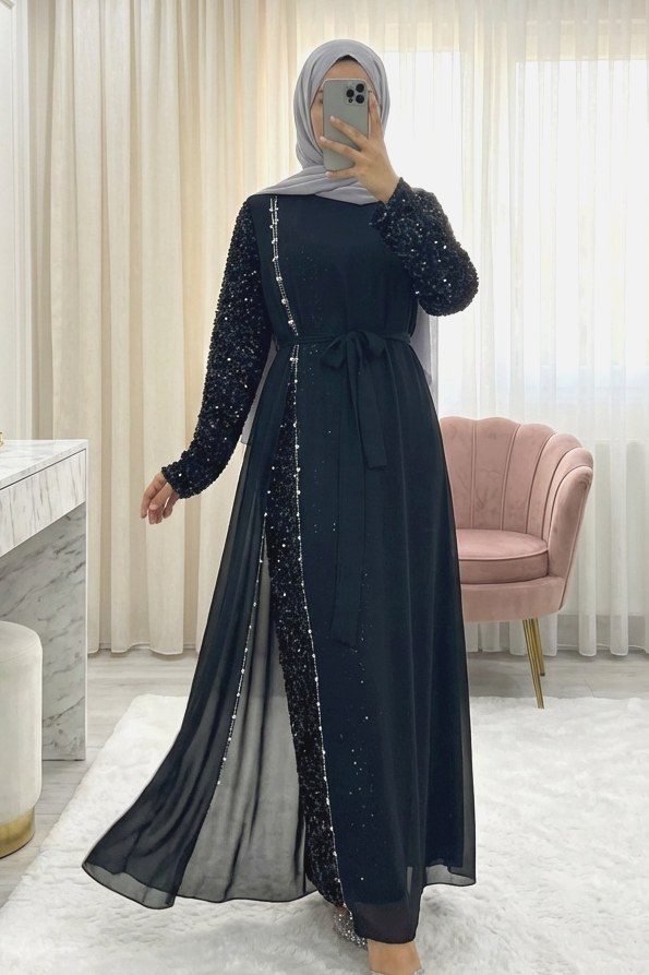 Kolları Pul Payet Kemerli Şifon Abiye -Siyah
