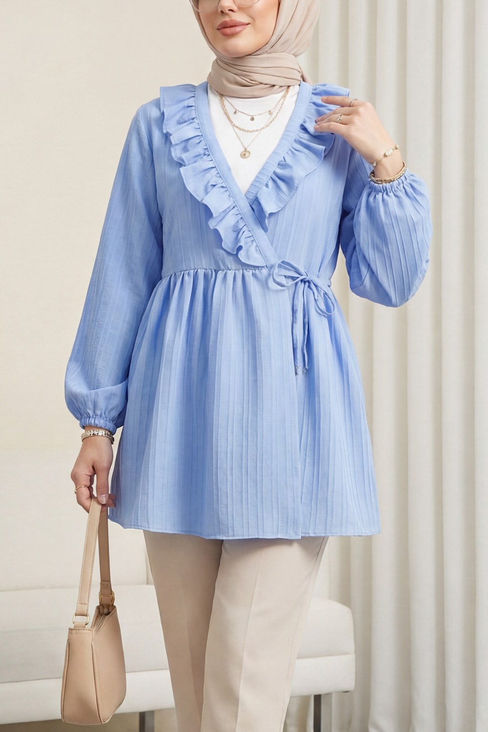 Fırfırlı Önü Bağcıklı Kolu Lastikli Kimono -Mavi