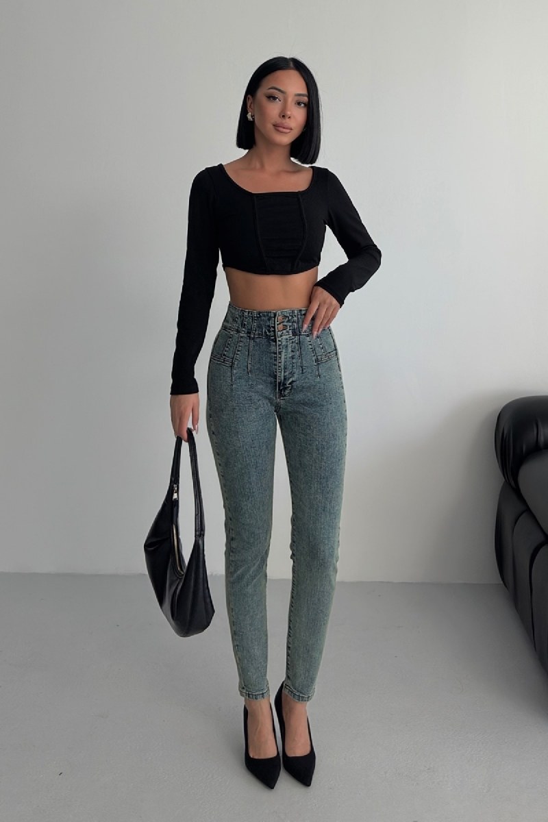 Pensli Skinny Kot Pantolon 7053 Orta Mavi Ve Tintli