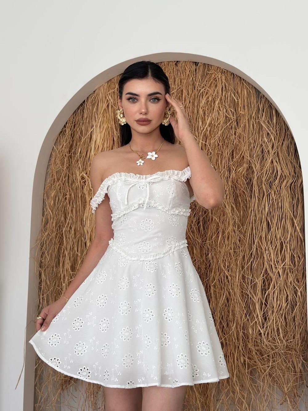 Sırva Mini Elbise ETK-00737-beyaz