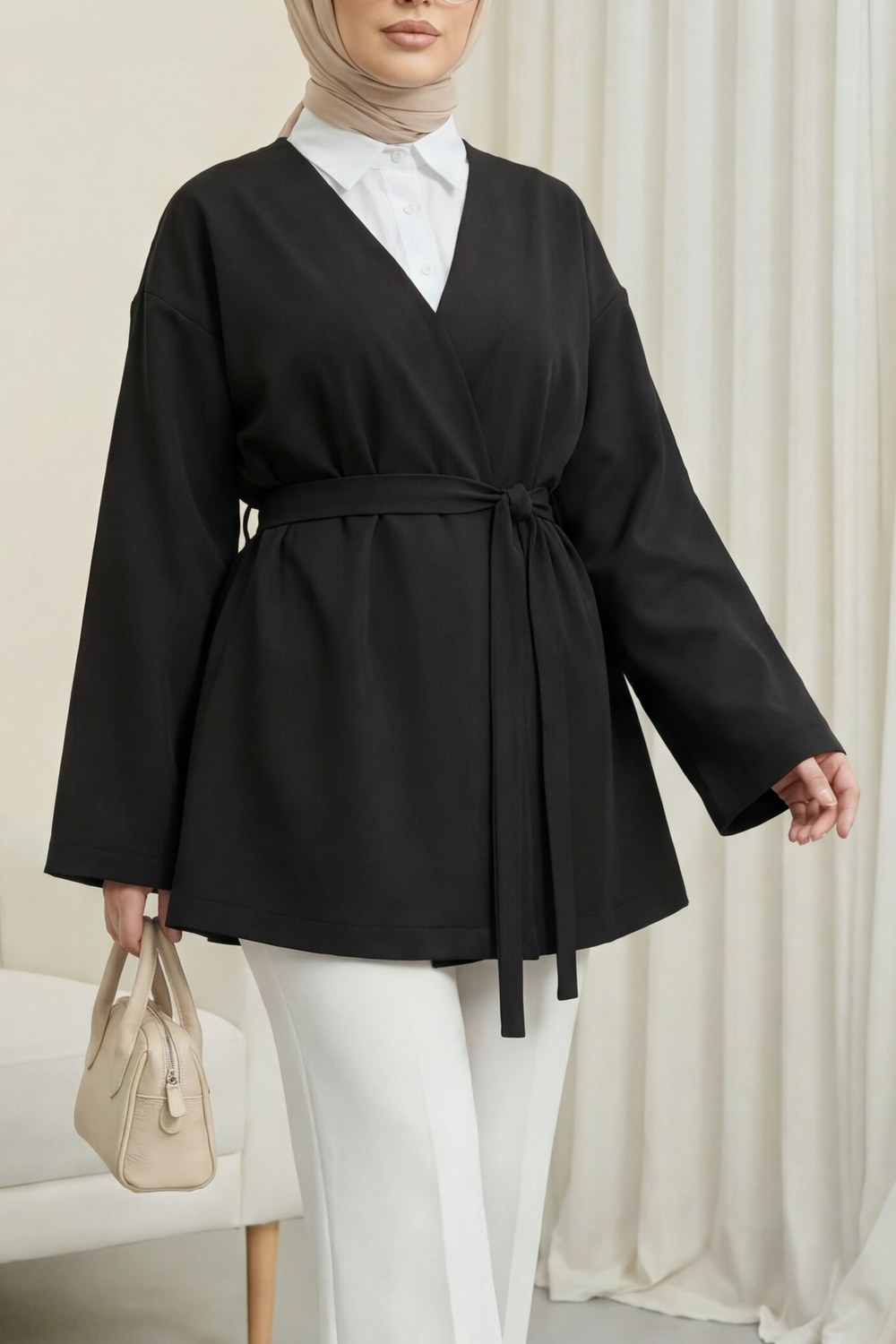 Beli Kuşaklı V Yaka Scuba Kimono -Siyah