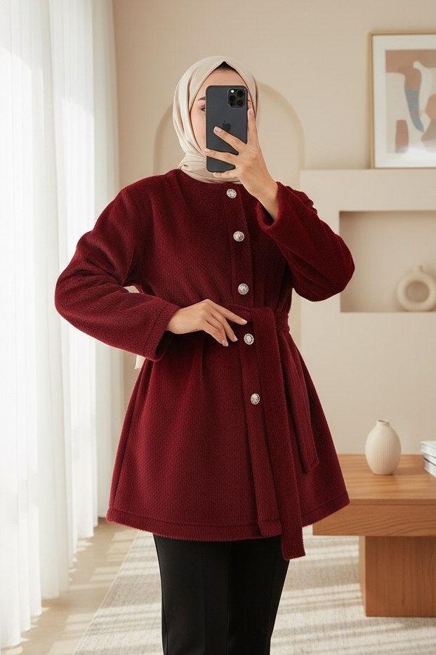 Düğmeli Beli Bağlamalı Kürklü Ceket -Bordo