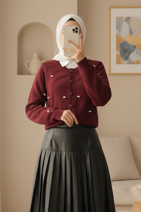 Düğmeli Çiçek Detaylı Yumoş Hırka -Bordo