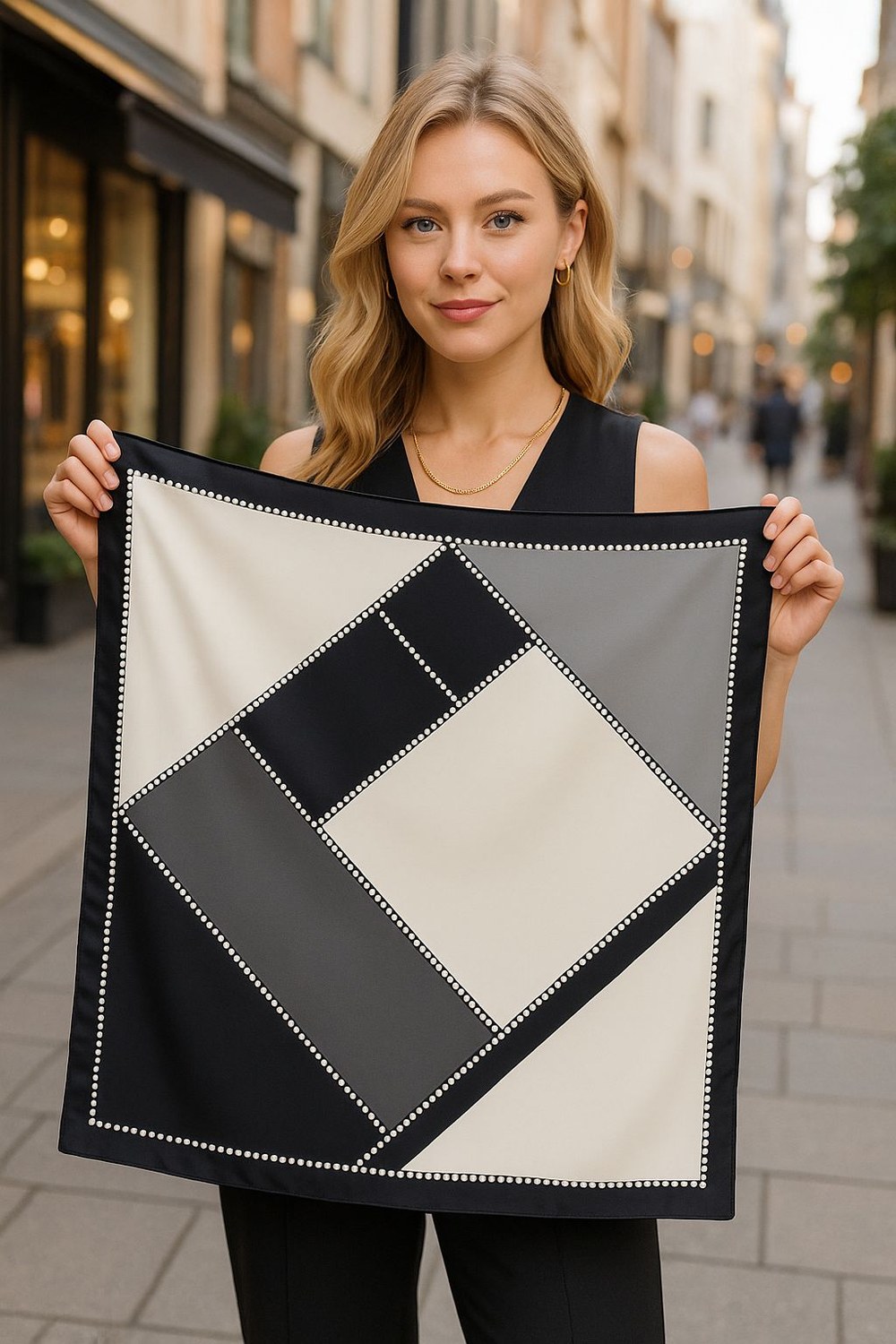 14886 Geometrik Desenli Siyah Beyaz Çift Tarafı Baskılı Bandana Fular 70x70 Cm