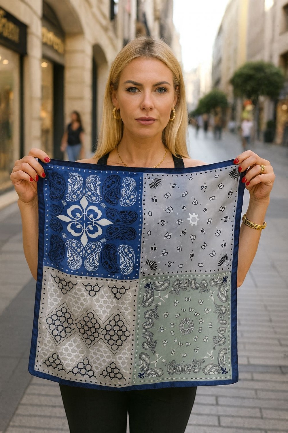 14890 Patchwork Desenli Mavi Çift Tarafı Baskılı Bandana Fular 70x70 Cm