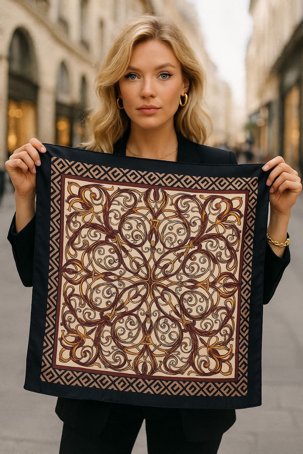 14892 Kıvrımlı Simetrik Motifli Siyah Bandana Fular 70x70 Cm