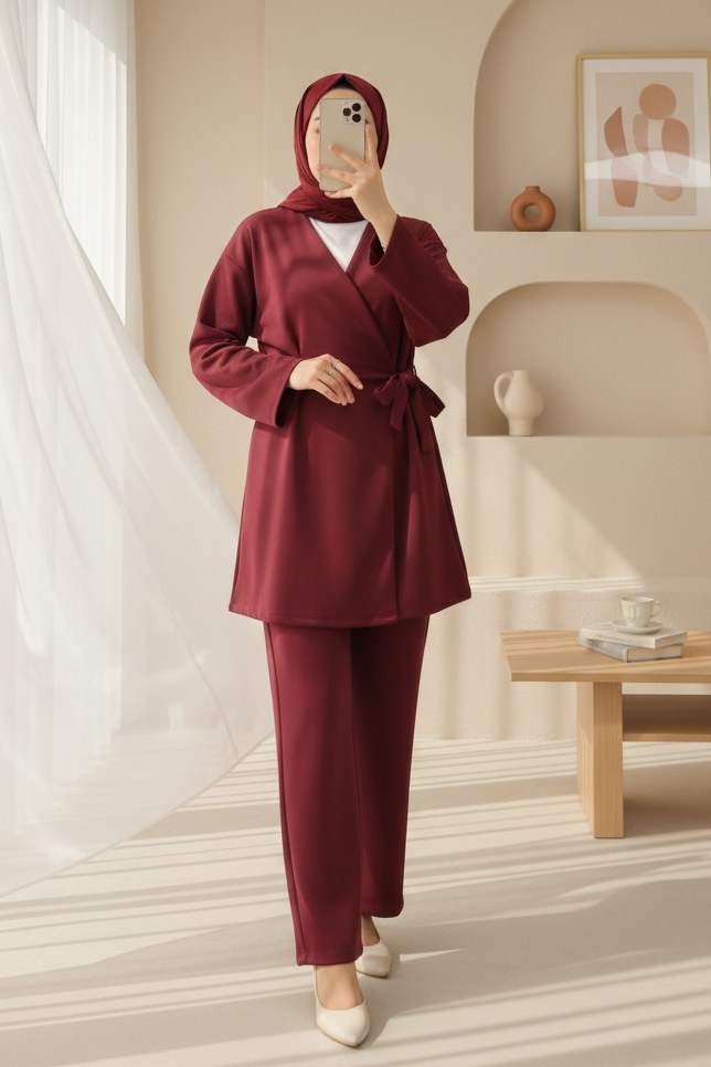 Beli Çift Bağlamalı Scuba Kimono Takım -Bordo