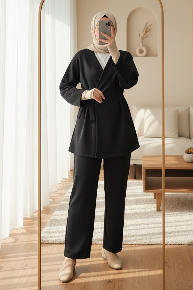 Beli Çift Bağlamalı Scuba Kimono Takım -Siyah