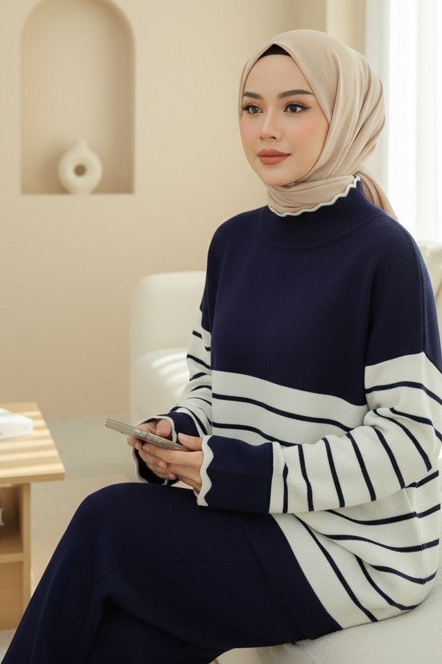 Yarım Boğazlı Çizgili Triko Takım -Laci