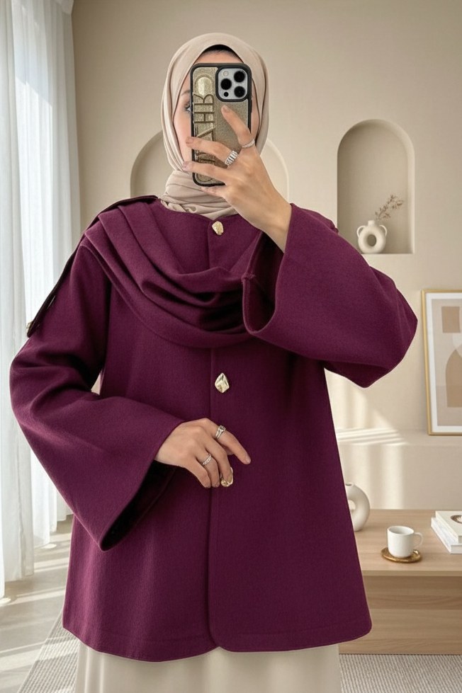 Şal Detaylı Kışlık Keçe Ceket -Mürdüm