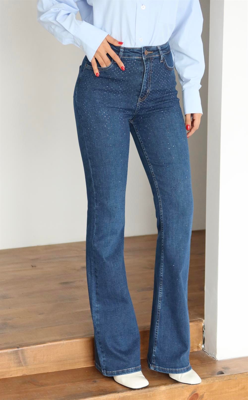 Yüksek Bel Yarım İspanyol Paça Taş Detaylı Dark Blue Jean Pantolon