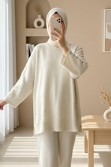 Kolları İpli Çizgili Yumoş Triko Tunik -Krem
