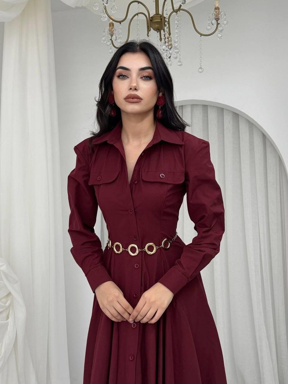 Feris Düğme Detaylı Elbise ETK-00790-bordo