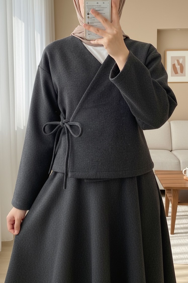 Önü Bağlamalı Etekli Kaşe Kimono Takım -Antrasit