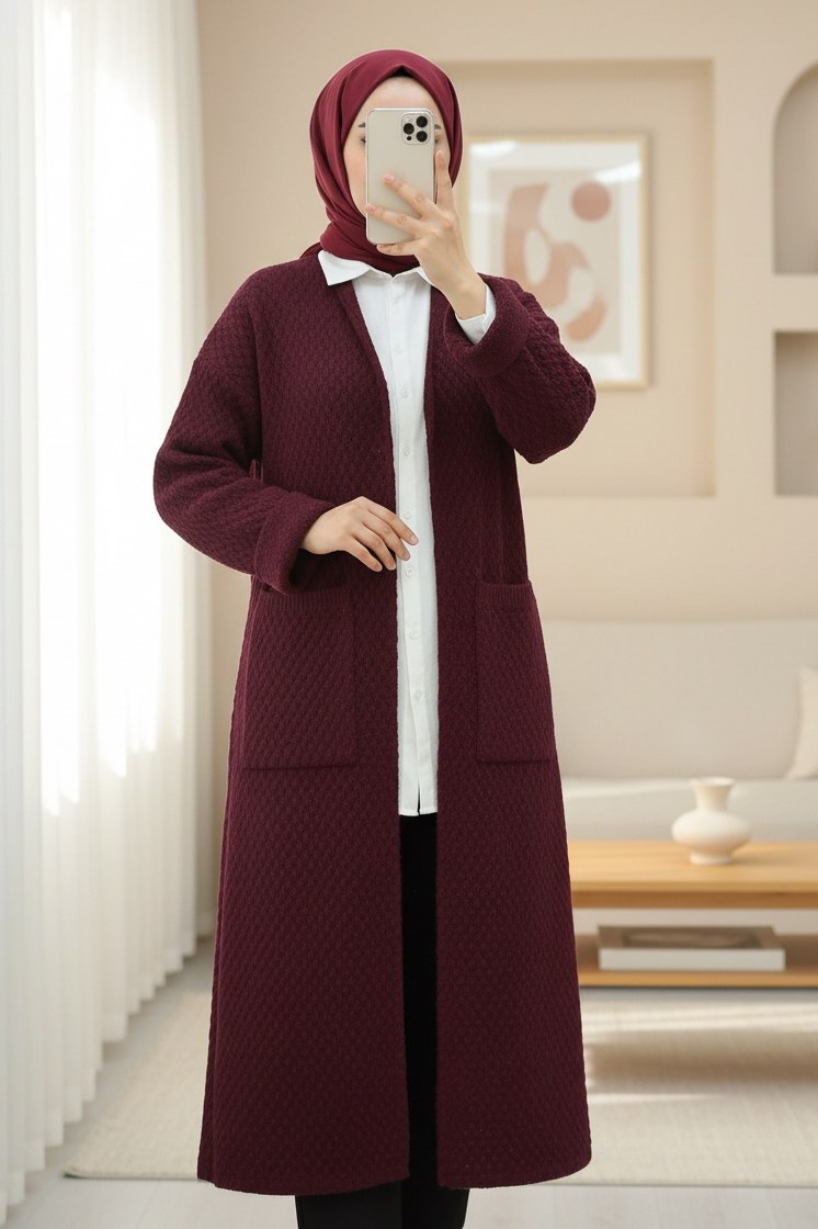 Çift Cepli Uzun Triko Hırka -Bordo