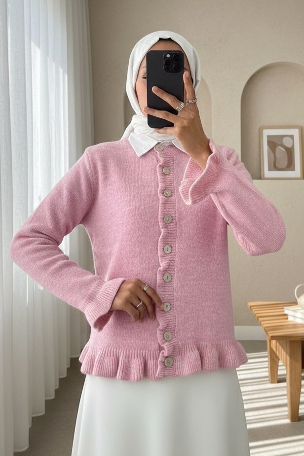 Düğmeli Önü Ve Eteği Fırfırlı Hırka -Pembe