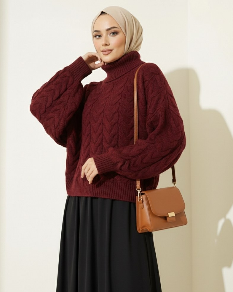 Örgü Desenli Boğazlı Triko Kazak -Bordo
