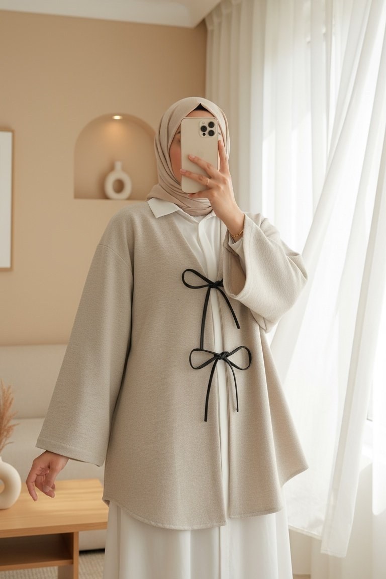 Önü Bağcıklı Oval Kesim Kaşe Kimono -Taş Rengi