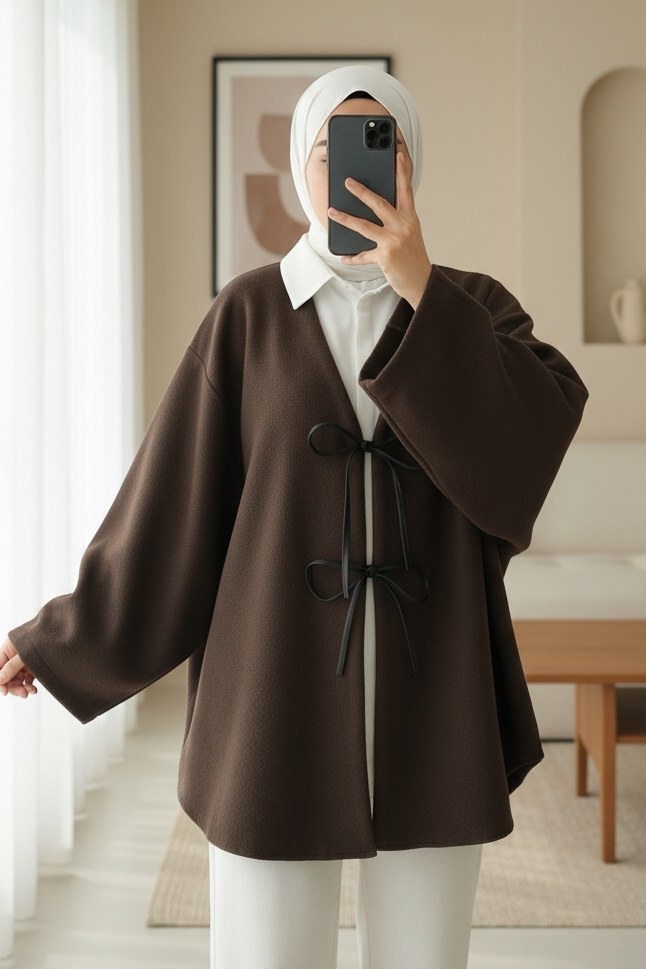 Önü Bağcıklı Oval Kesim Kaşe Kimono -Kahve