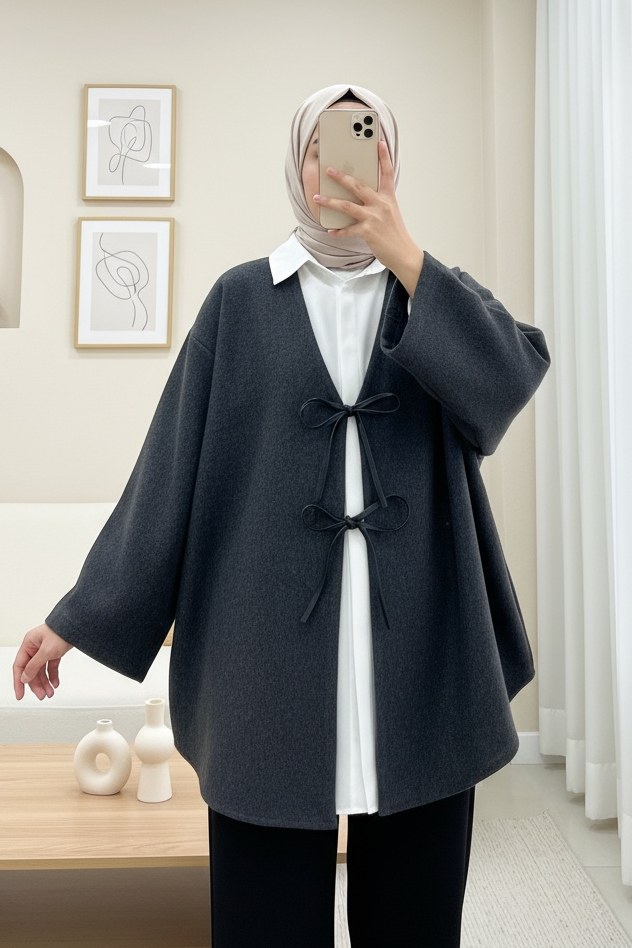 Önü Bağcıklı Oval Kesim Kaşe Kimono -Antrasit