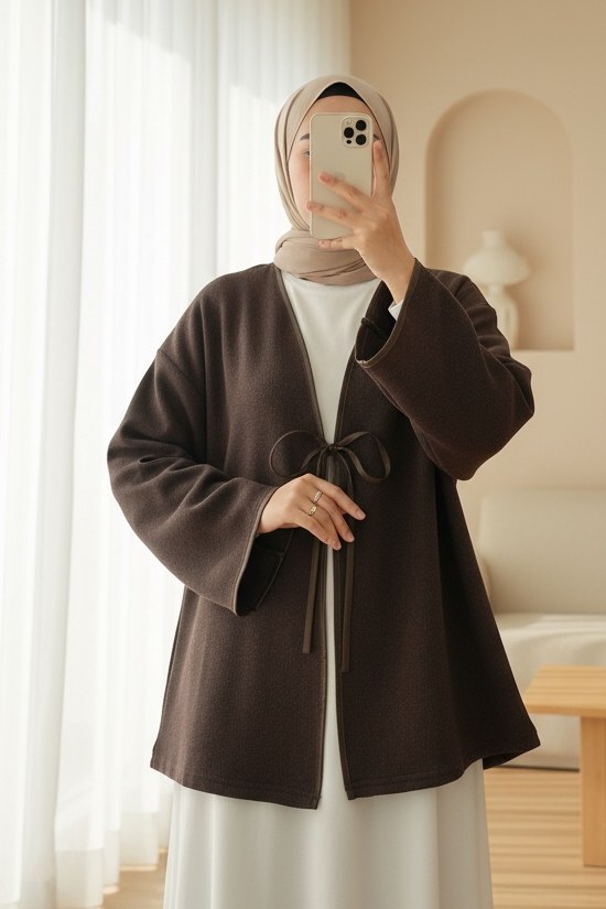 Önü Bağlamalı Deri Detaylı Salaş Kimono -Toprak