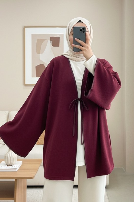 Önü Bağlamalı Deri Detaylı Salaş Kimono -Bordo