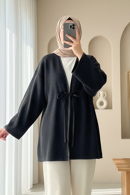 Önü Bağlamalı Deri Detaylı Salaş Kimono -Antrasit