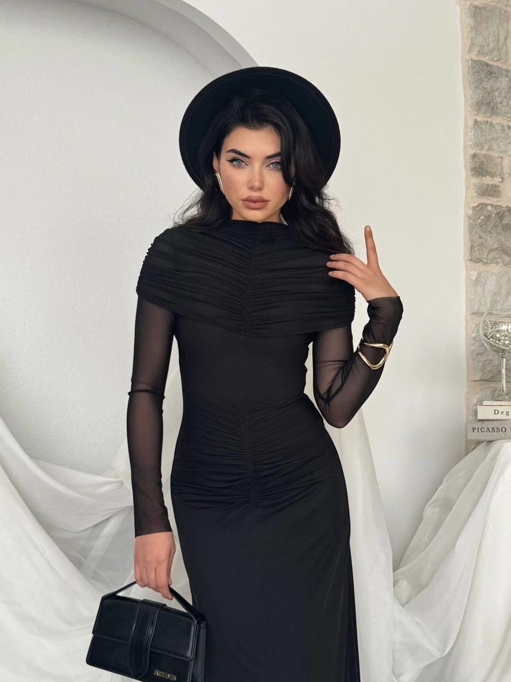 Novia Büzgülü Elbise ETK-00799-siyah