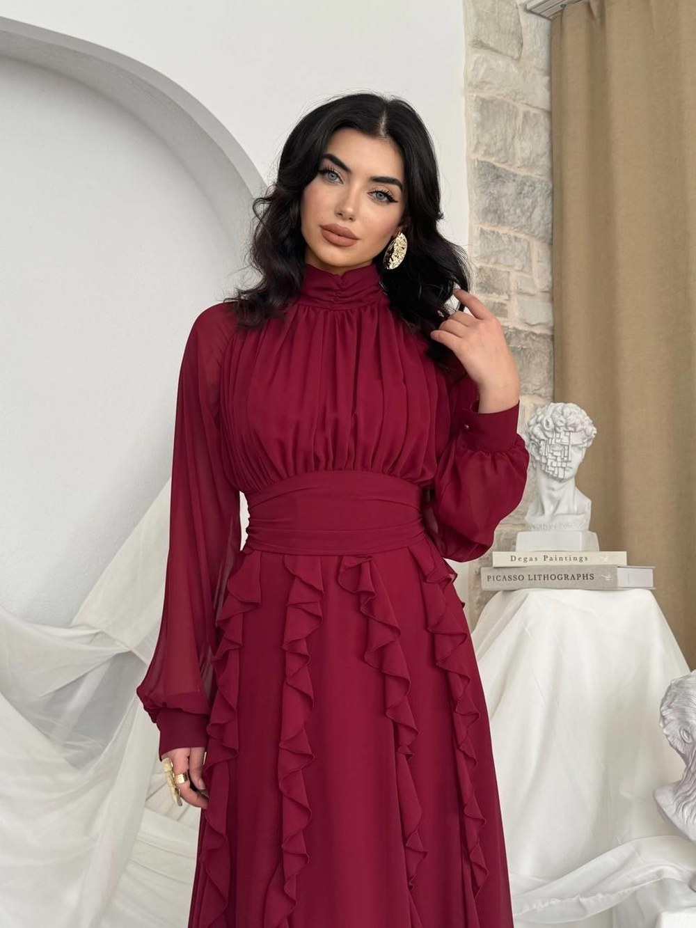 Amra Fırfırlı Elbise ETK-00796-bordo