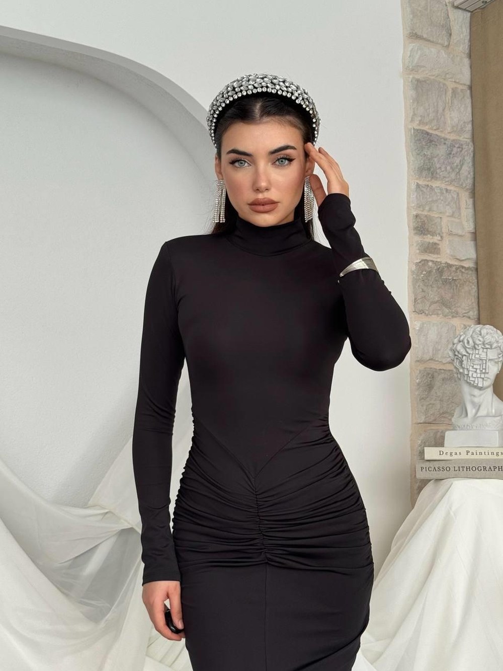 Ferya Büzgülü Elbise ETK-00804-siyah