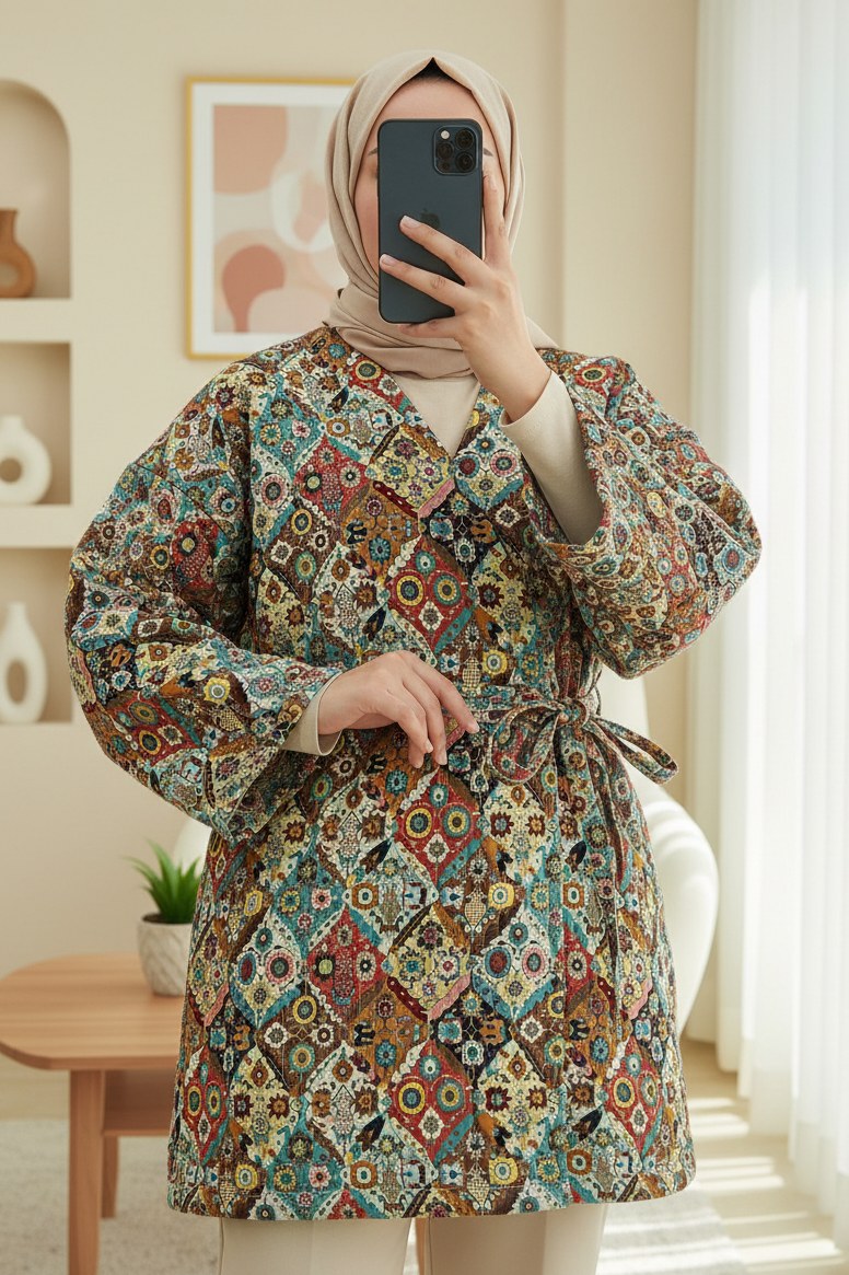 Beli Bağlamalı Cepli Desenli Astarlı Kapitone Kimono -Bej