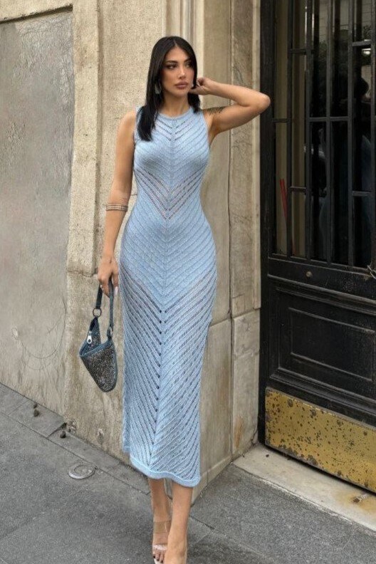 Merserize Şerit Yırtmaçlı Triko Elbise -Bebe Mavi