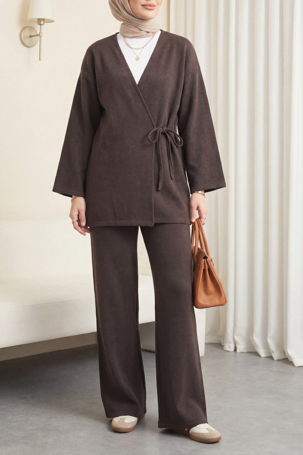 Çapraz Bağlamalı Selanik Kimono Takım -Kahve