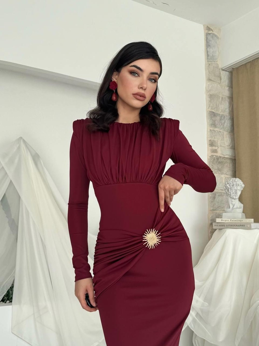 Rıva Broş Detaylı Elbise ETK-00808-bordo