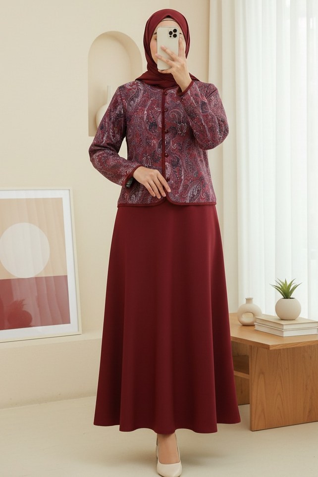 Etnik Desenli Top Düğmeli Scuba Takım -Bordo