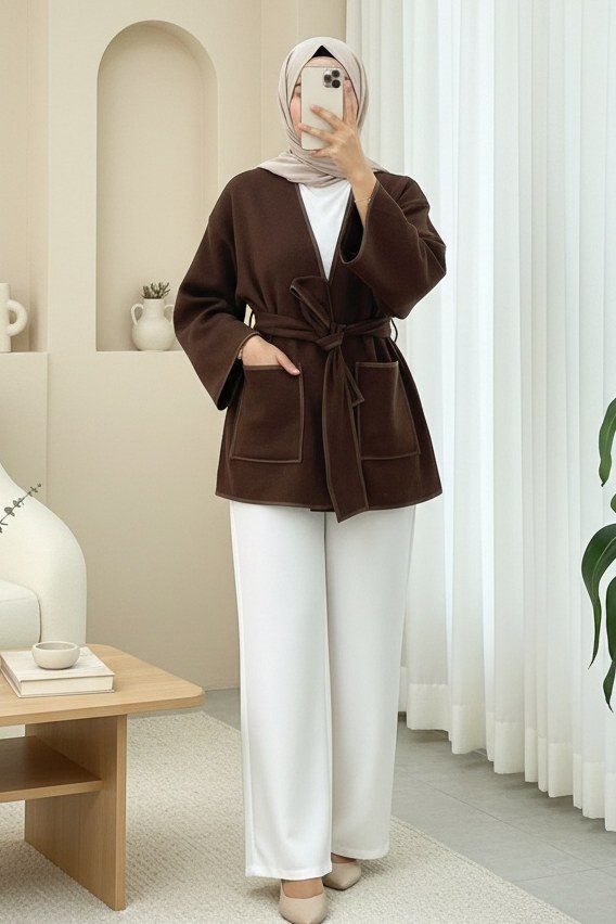 Biye Detaylı Çift Cepli Kuşaklı Kaşe Kimono -Kahve