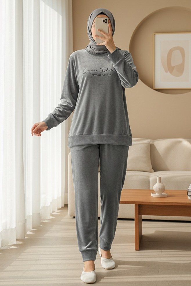 Kabartma Yazılı Fransız Kadife Pijama Takımı -Gri