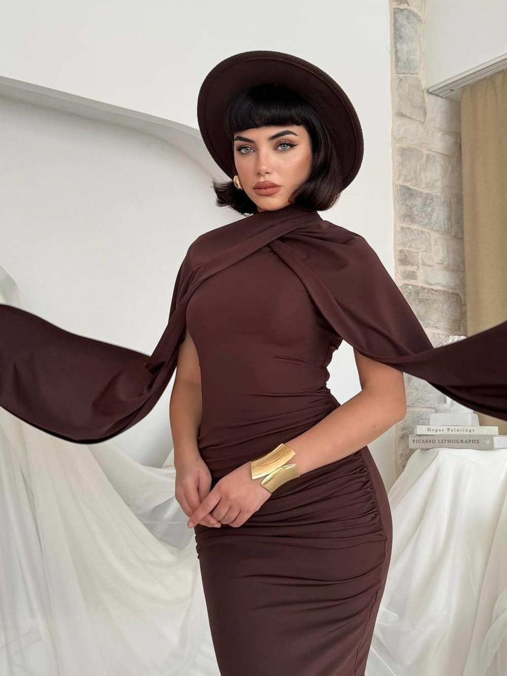 Zeyna Pelerinli Elbise ETK-00823-kahve