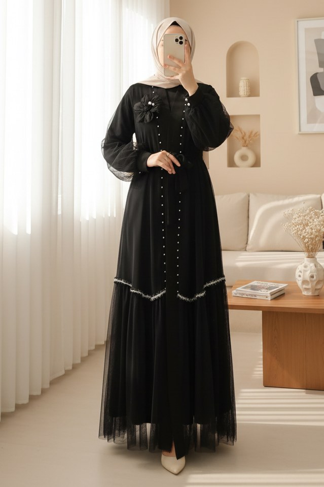 Yakası Gül Detaylı İncili Eteği Şeritli İkili Abaya Takım -Siyah