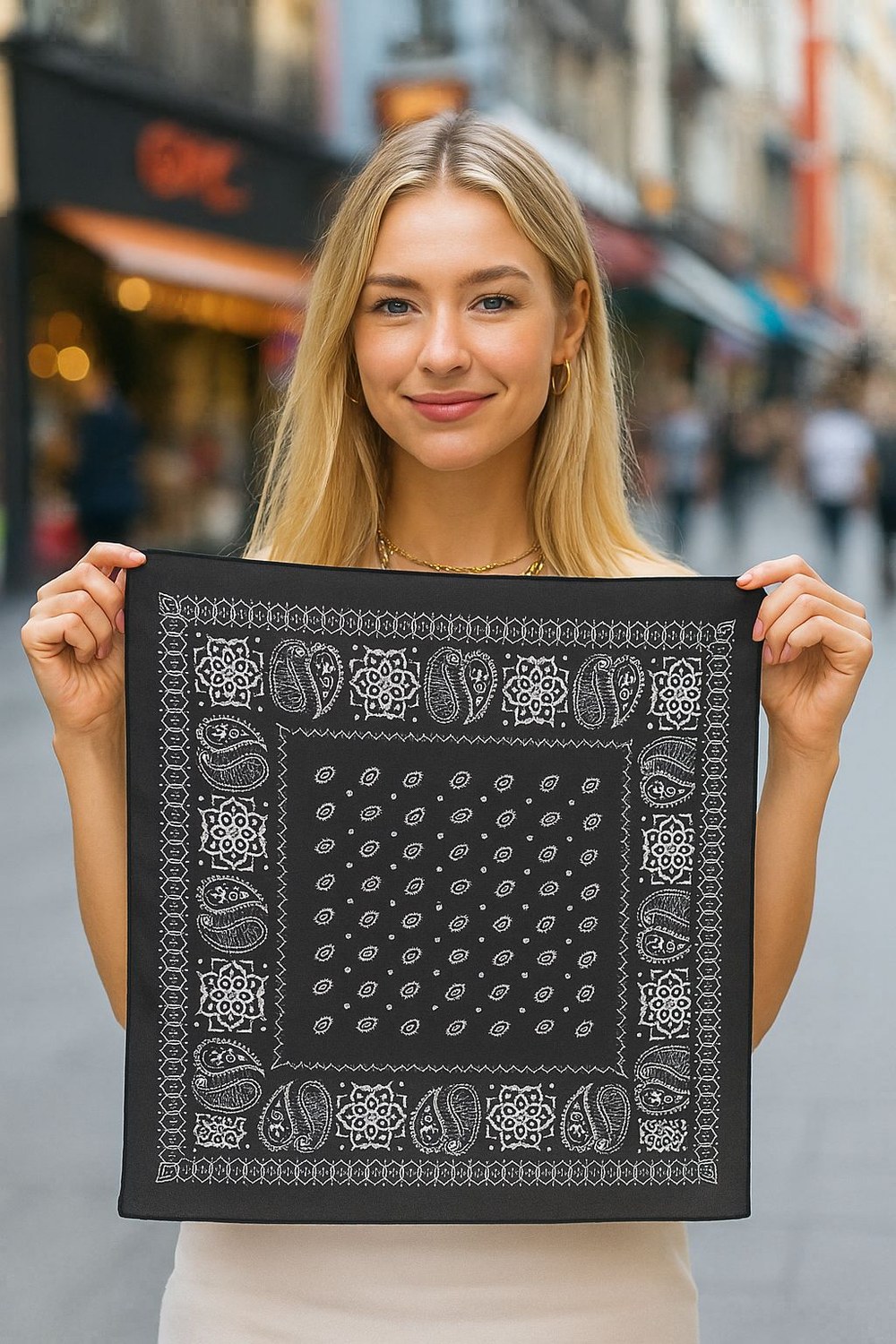 13999 Pamuklu Şal Desenli Siyah Bandana Fular 50x50 Cm