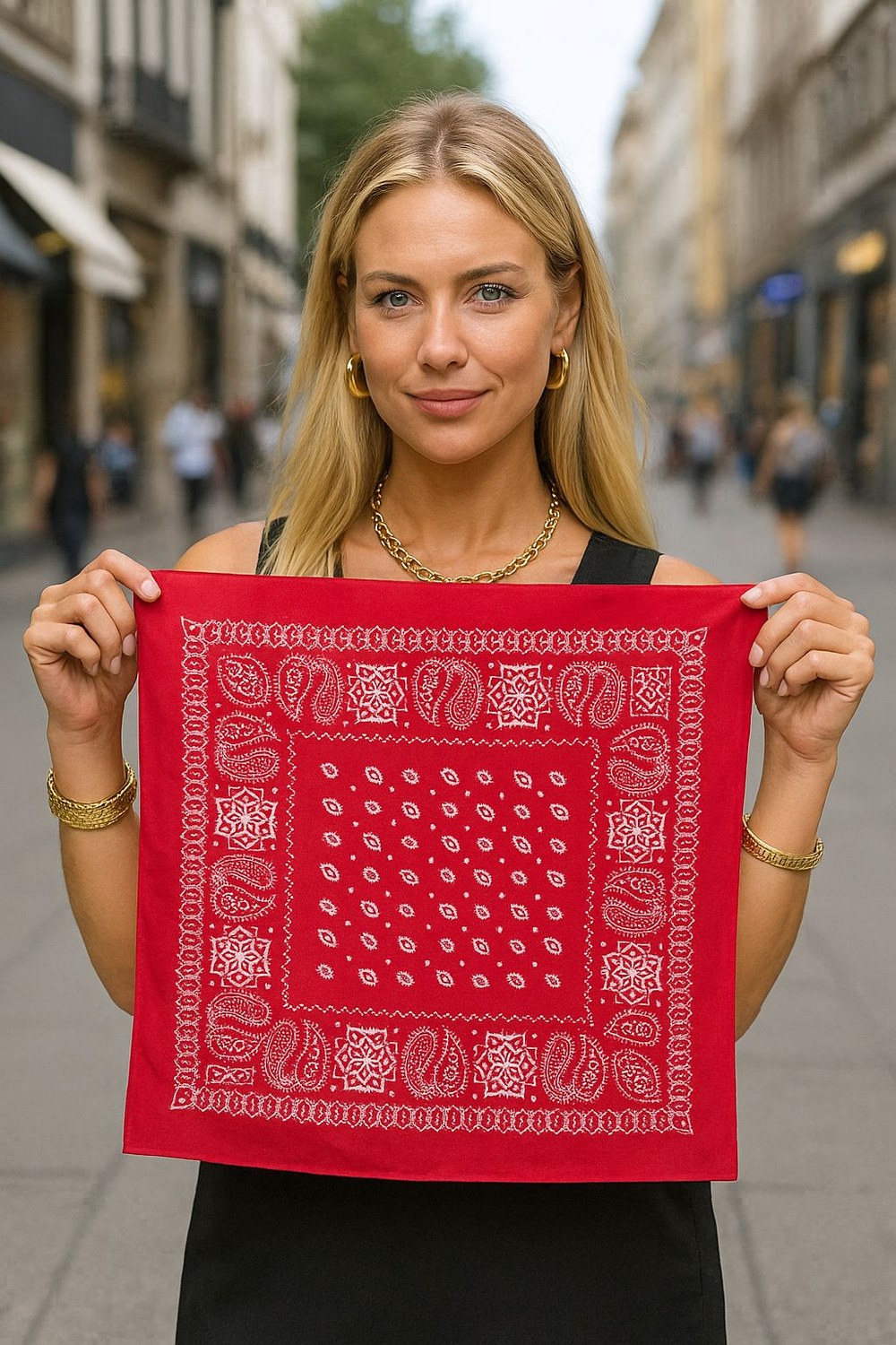 13999 Pamuklu Şal Desenli Kırmızı Bandana Fular 50x50 Cm