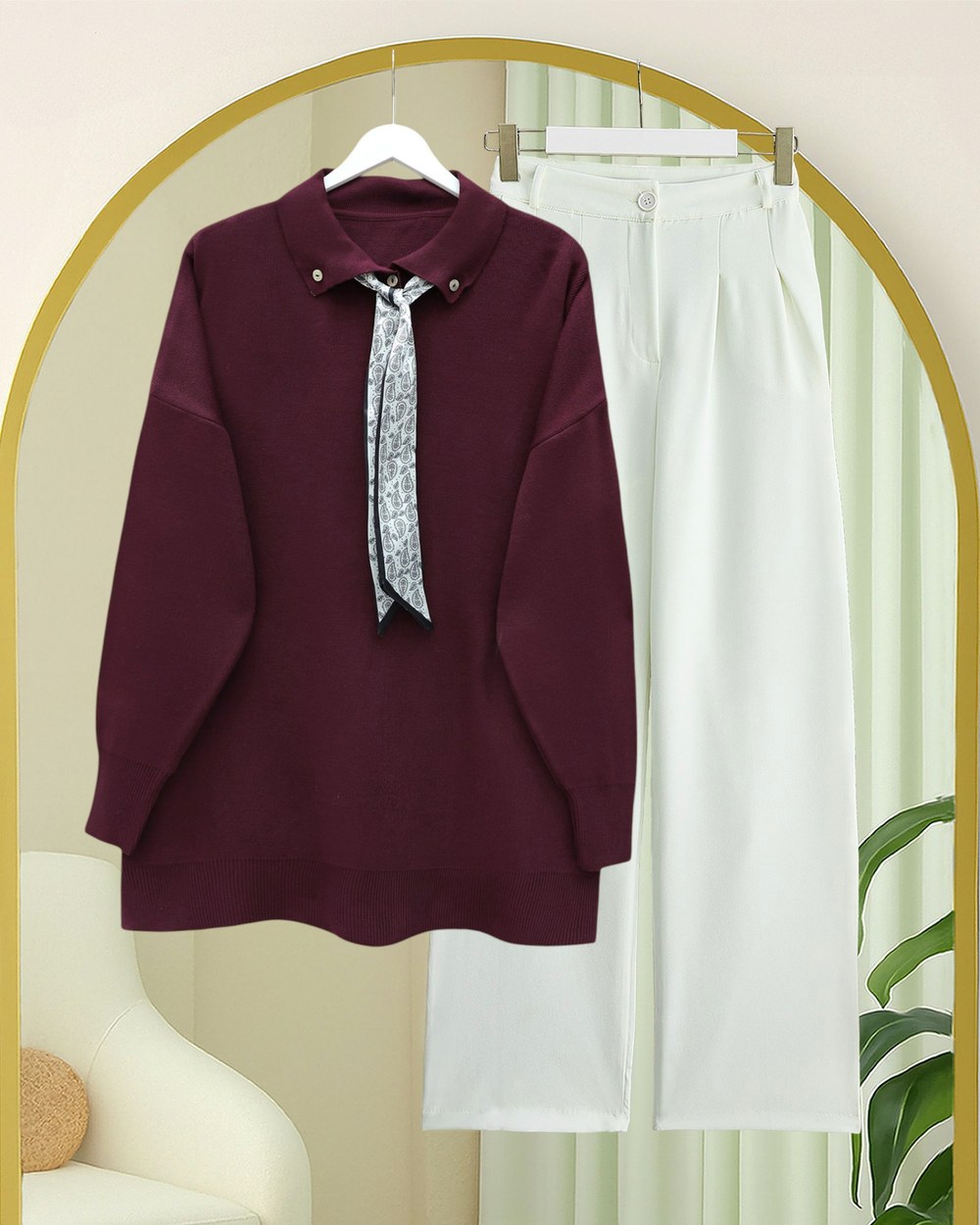 Polo Yaka Fularlı Yırtmaçlı Salaş Triko Tunik -Bordo