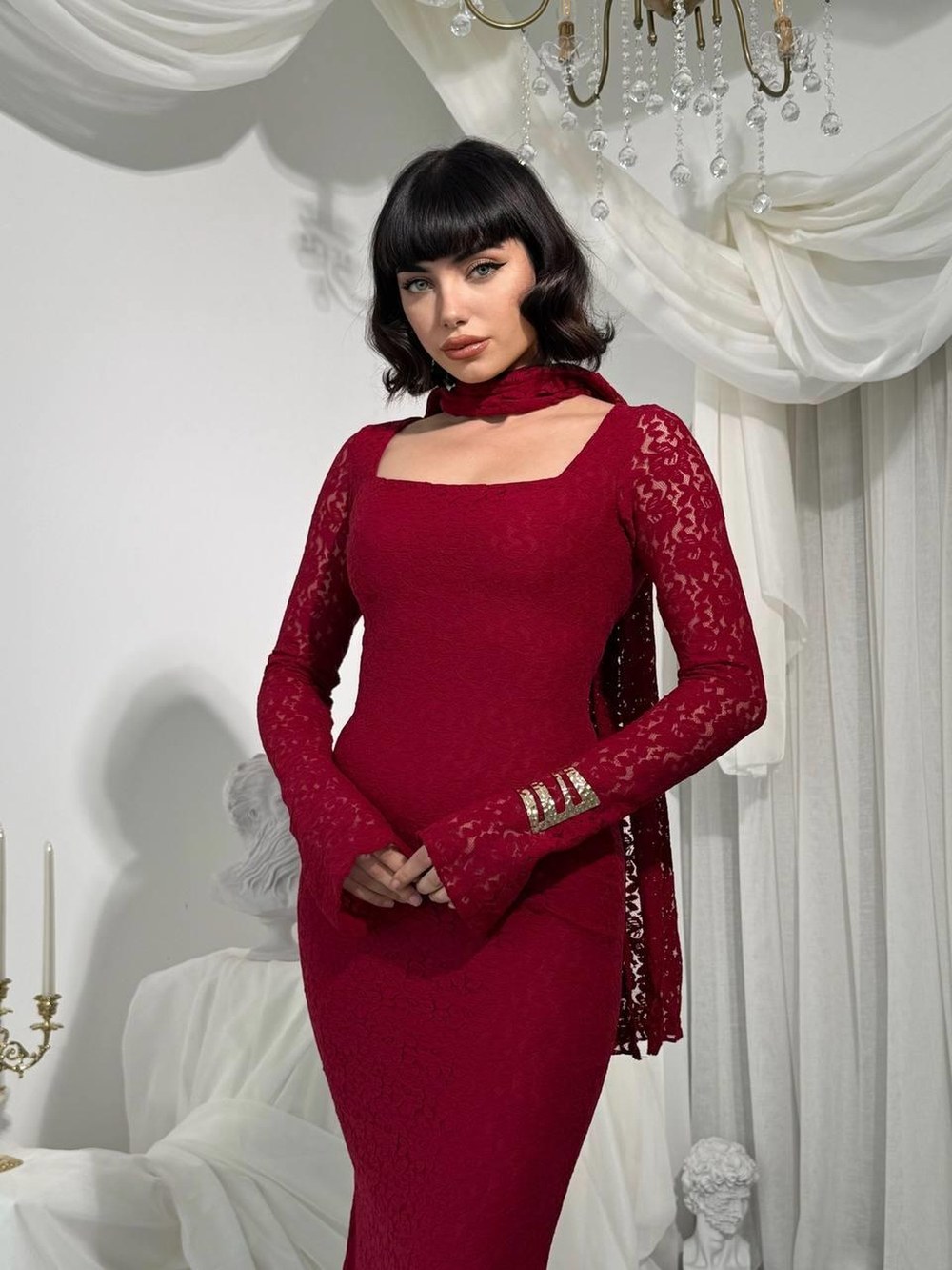 Olin Şallı Elbise ETK-00825-bordo