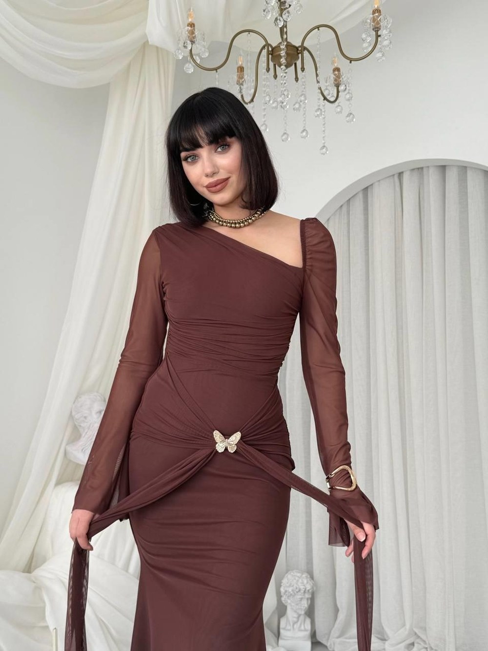 Vesso Broş Detaylı Elbise ETK-00845-kahve